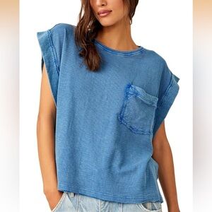 Free People Our Time Tee Chambray Blue Sleeveless Pocket Tank Boxy Slouchy S